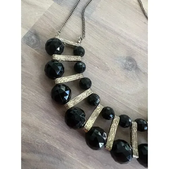 Vintage Black and Gold Tone Necklace Two Strands with Rondelle Beads - Picture 5 of 5